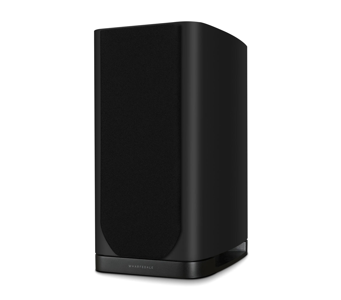 Black speaker with grill on a white background