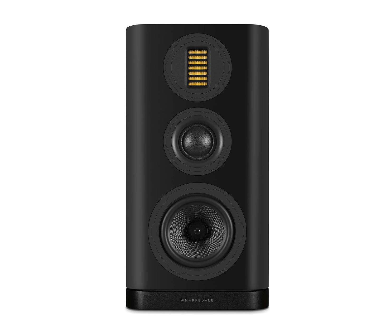 Black speaker with Wharfedale branding on a white background