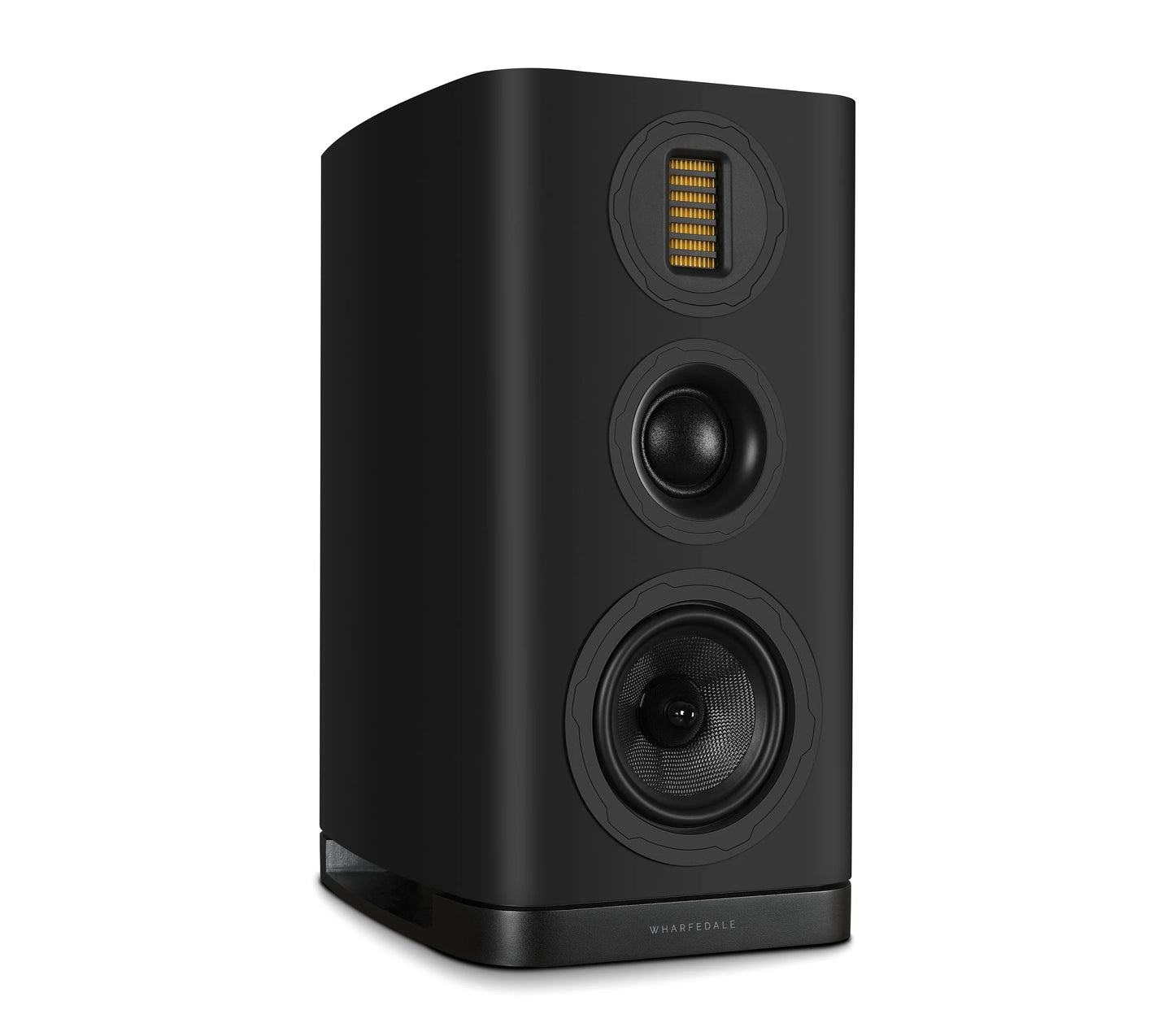 Black speaker with visible brand logo on a white background