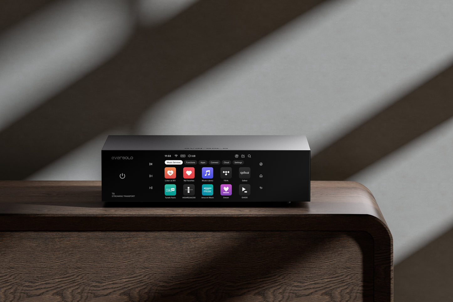 Eversolo T8 in situation on wood furniture.