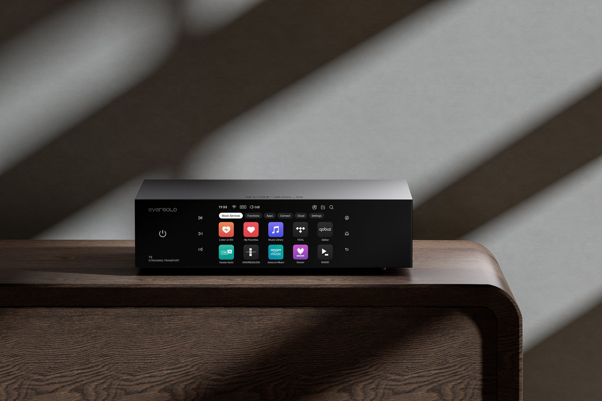 Eversolo T8 in situation on wood furniture.