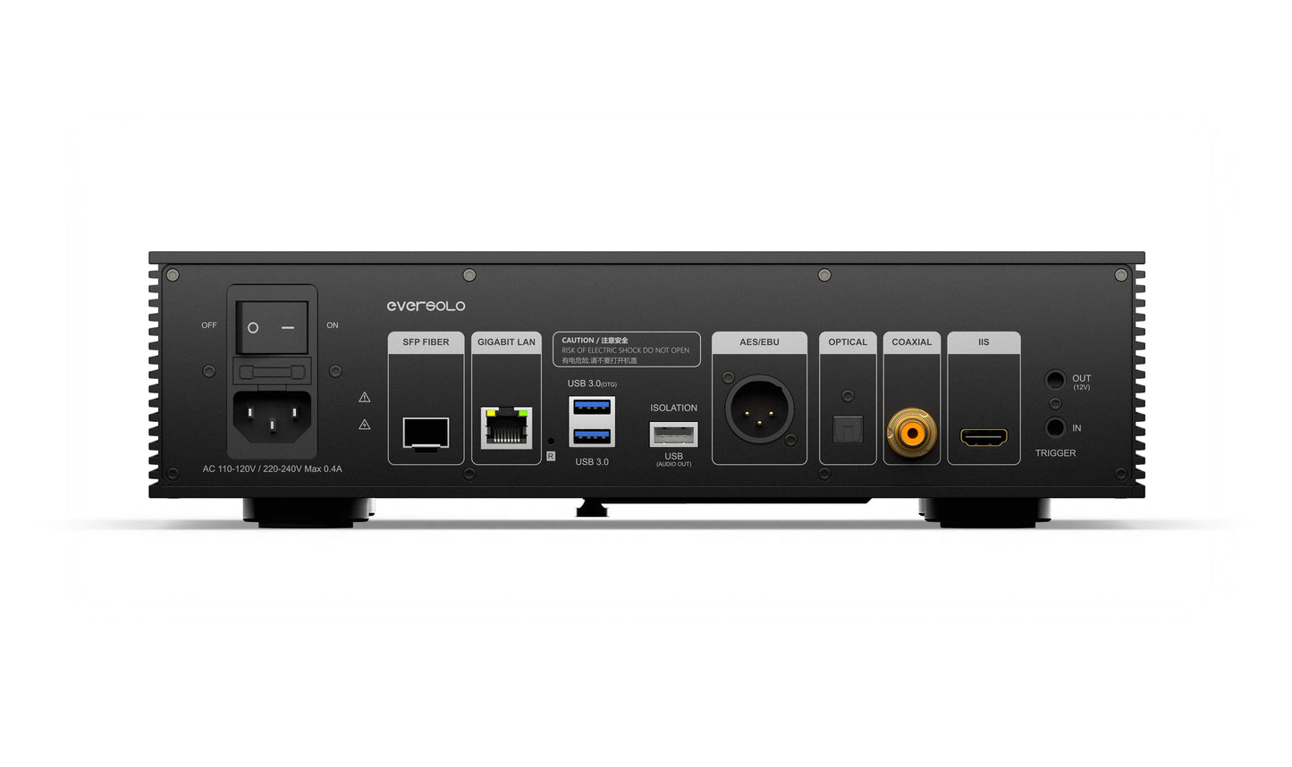 Eversolo T8 Rear Panel with Outputs network, usb, coaxial, HDMI (audio only), XLR (AES).