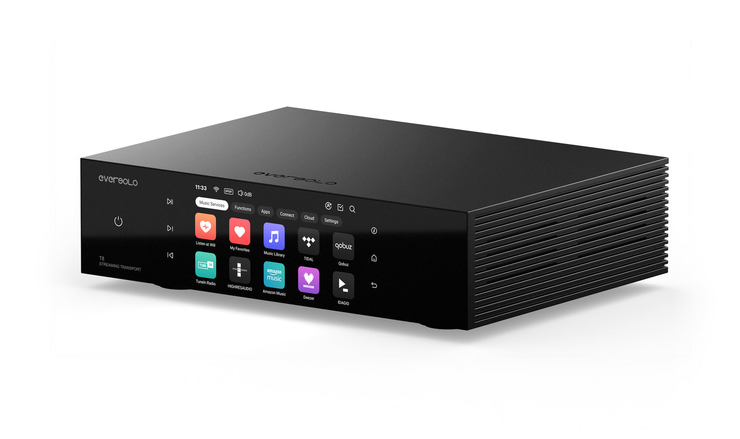 Eversolo T8 right side and Front view including Touchscreen Display