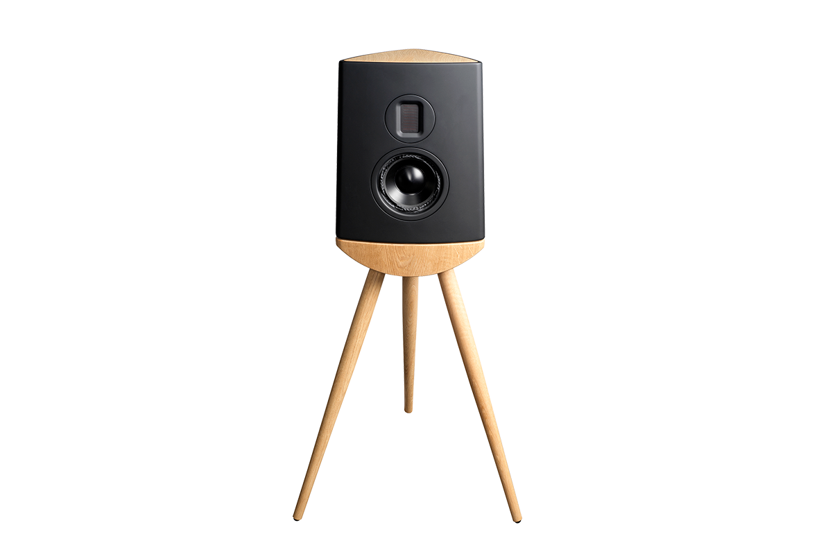 Black speaker on a wooden tripod stand against a white background