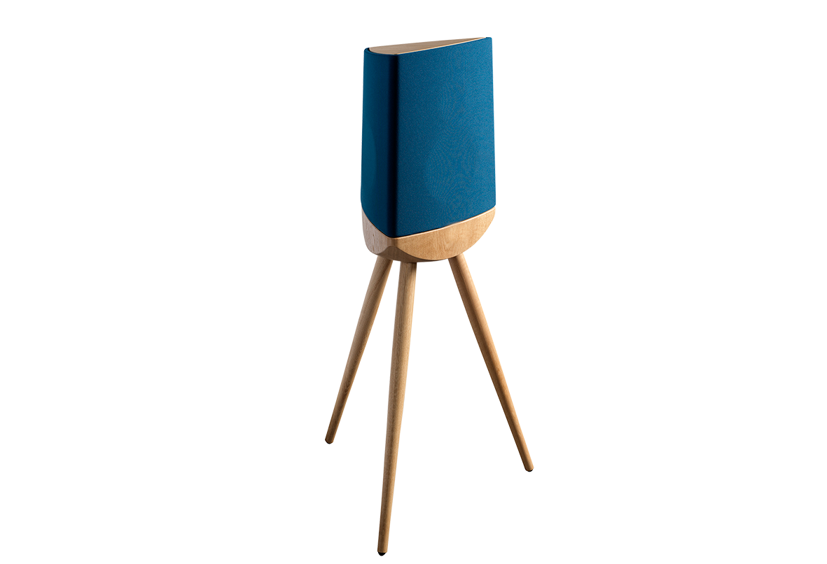 Blue speaker with wooden legs on a white background