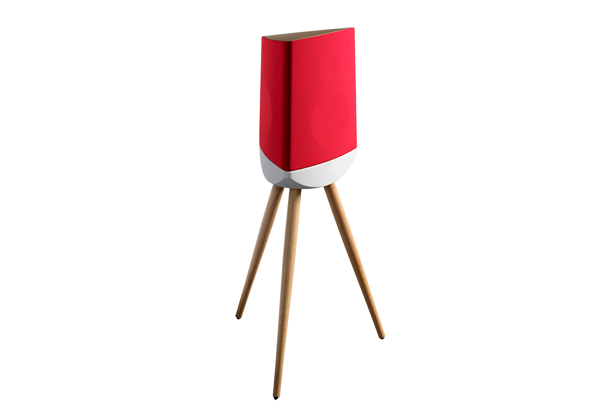 Red and white lamp with wooden legs on a white background
