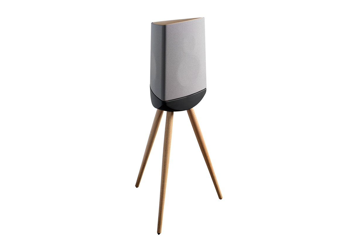 Gray speaker on a wooden tripod stand against a white background