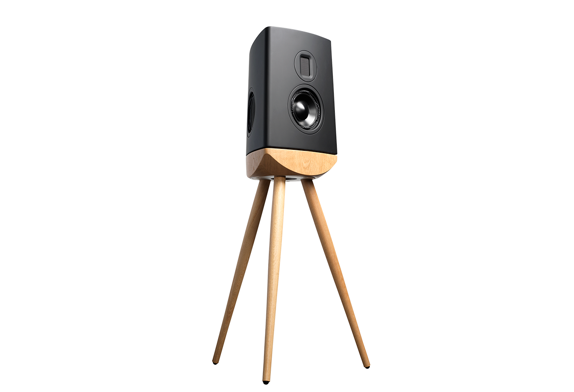 Black speaker on a wooden tripod stand against a white background