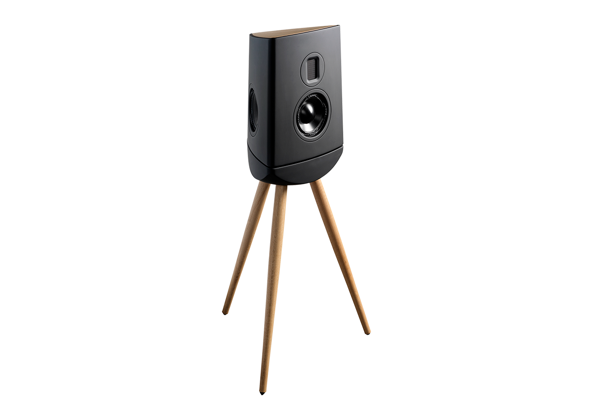Black speaker on a wooden tripod stand against a white background