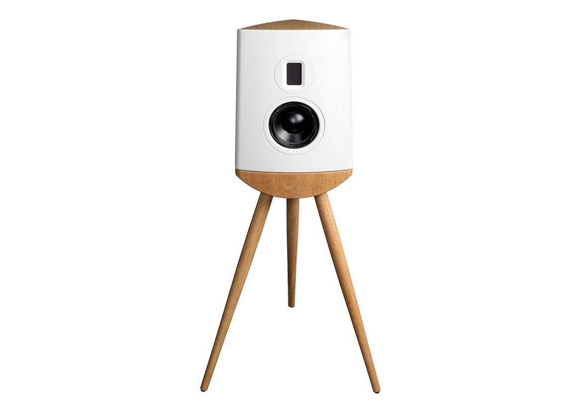 Speaker with wooden legs on a white background