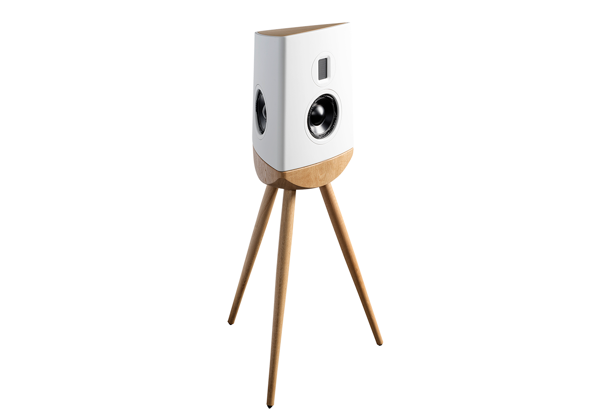 White speaker with wooden legs on a white background
