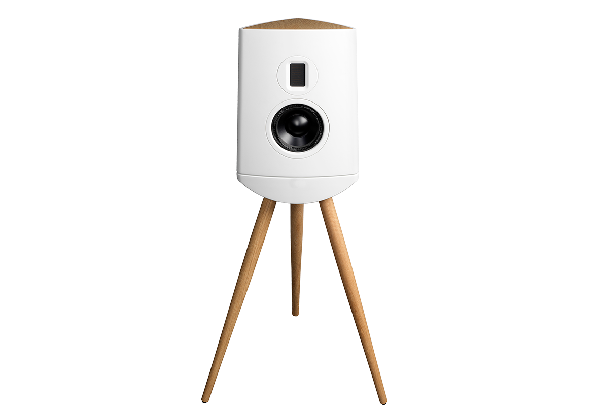 White speaker with wooden legs on a white background