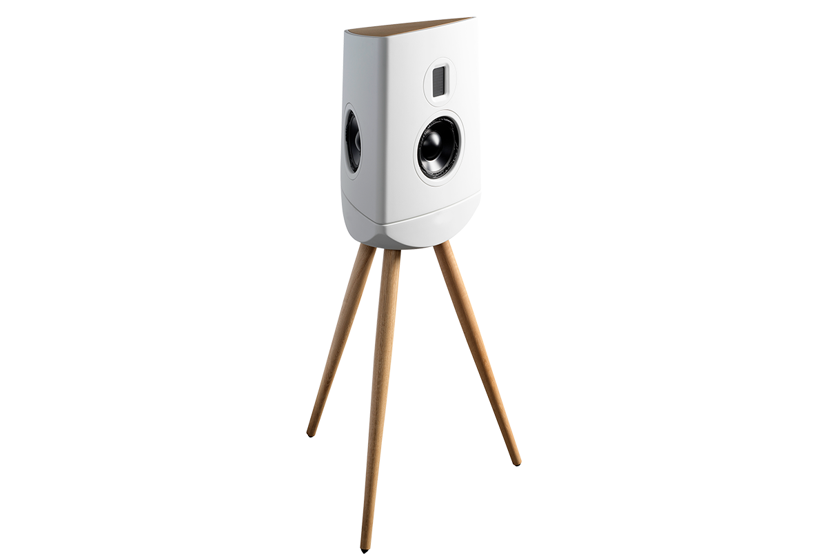 White speaker with wooden legs on a white background