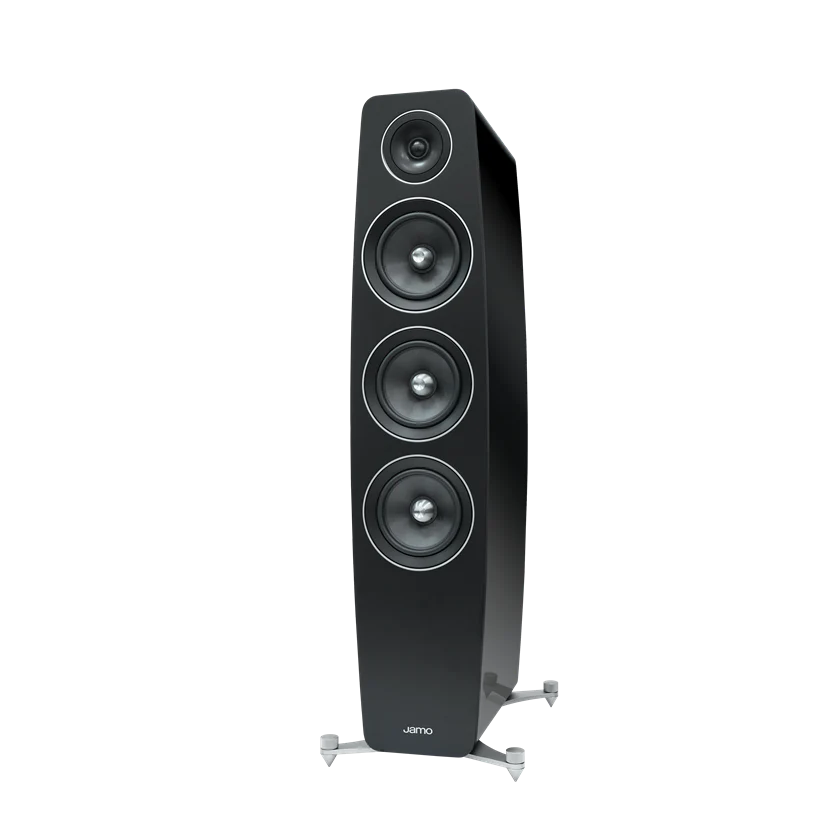 Side view of black speaker with one tweeter, one medium and two woofers. JAMO is written on the front.