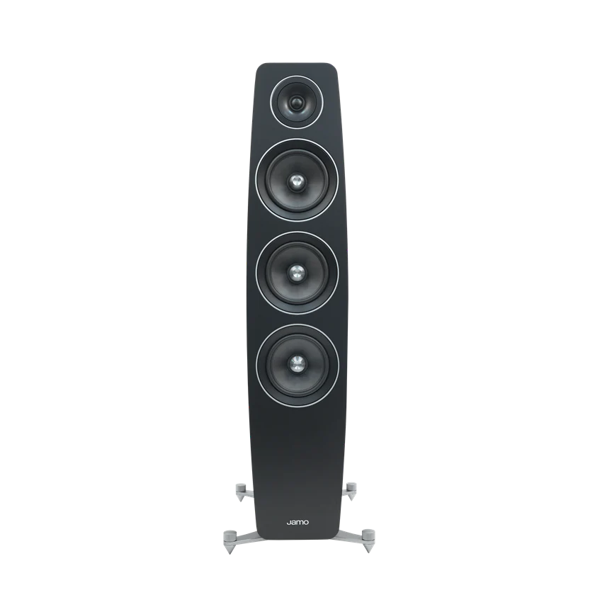 Black speaker with one tweeter, one medium and two woofers. JAMO is written on the front.