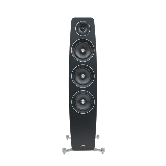 Black speaker with one tweeter, one medium and two woofers. JAMO is written on the front.