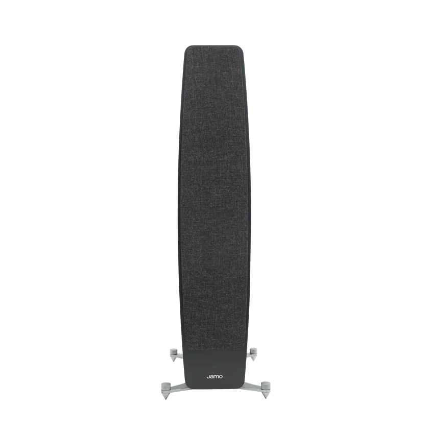 Black speaker with grill on. Jamo is written on the grill on the bottom center.