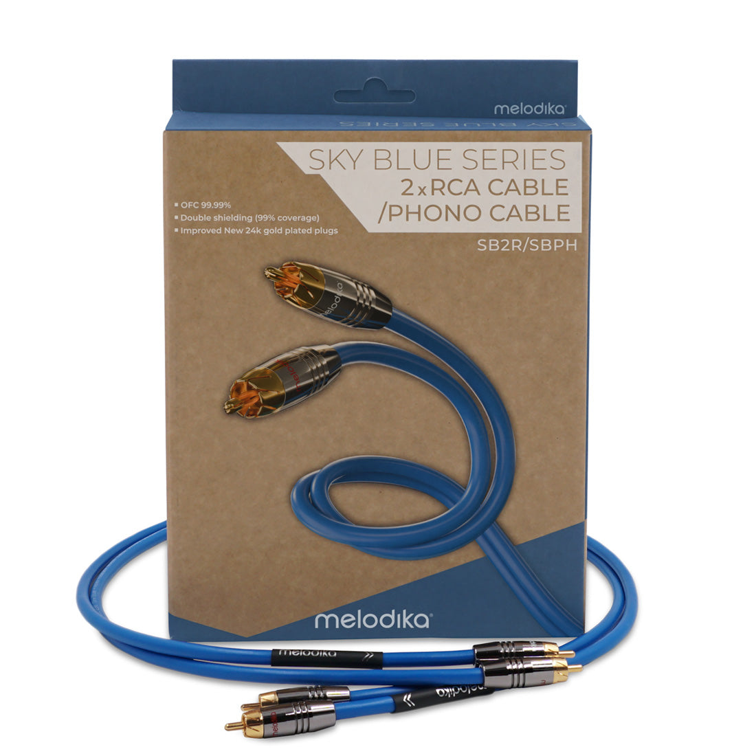 Melodika 2x RCA cable packaging with blue cable on a beige background