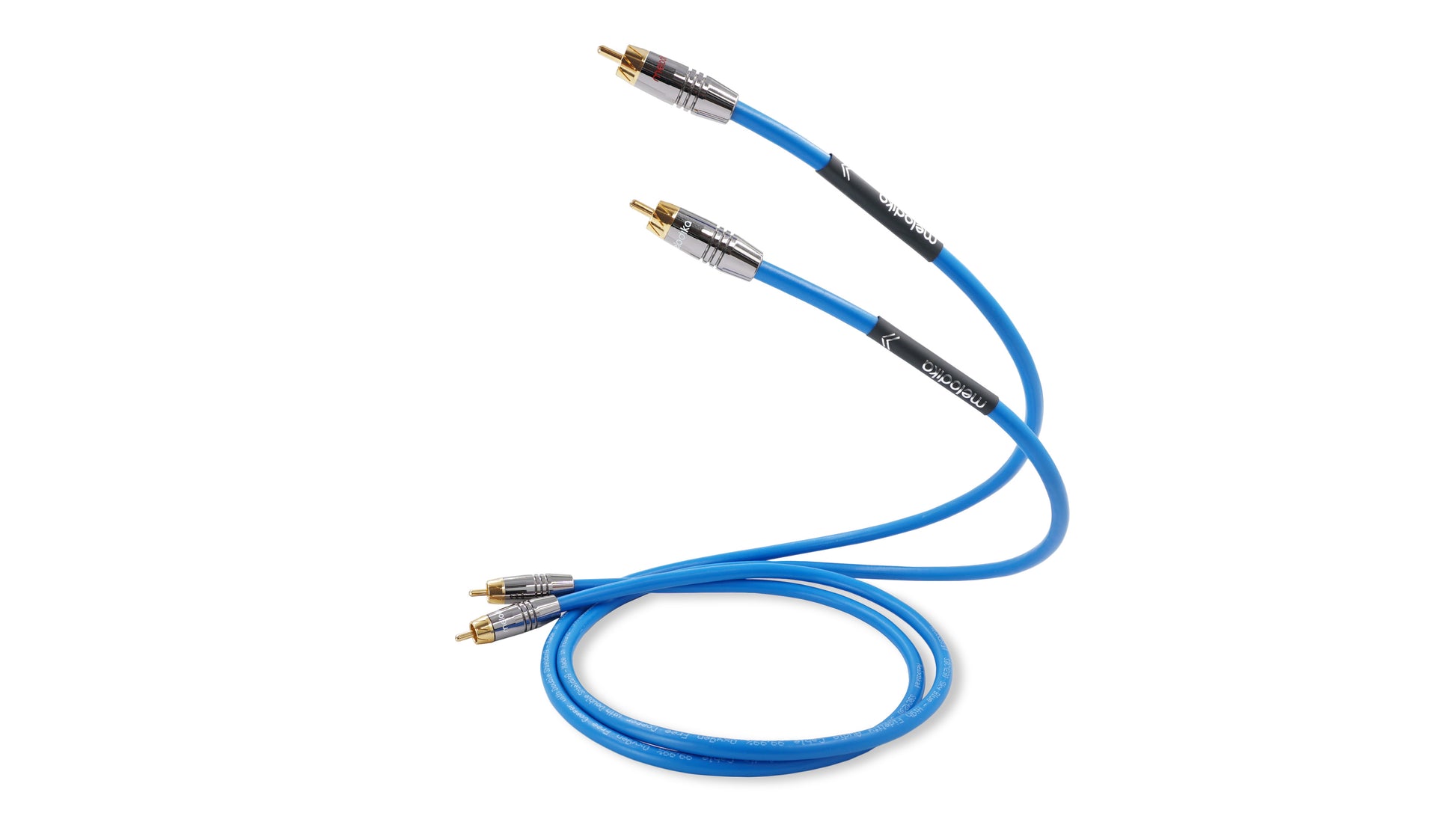 Blue audio cable with RCA connectors on a white background