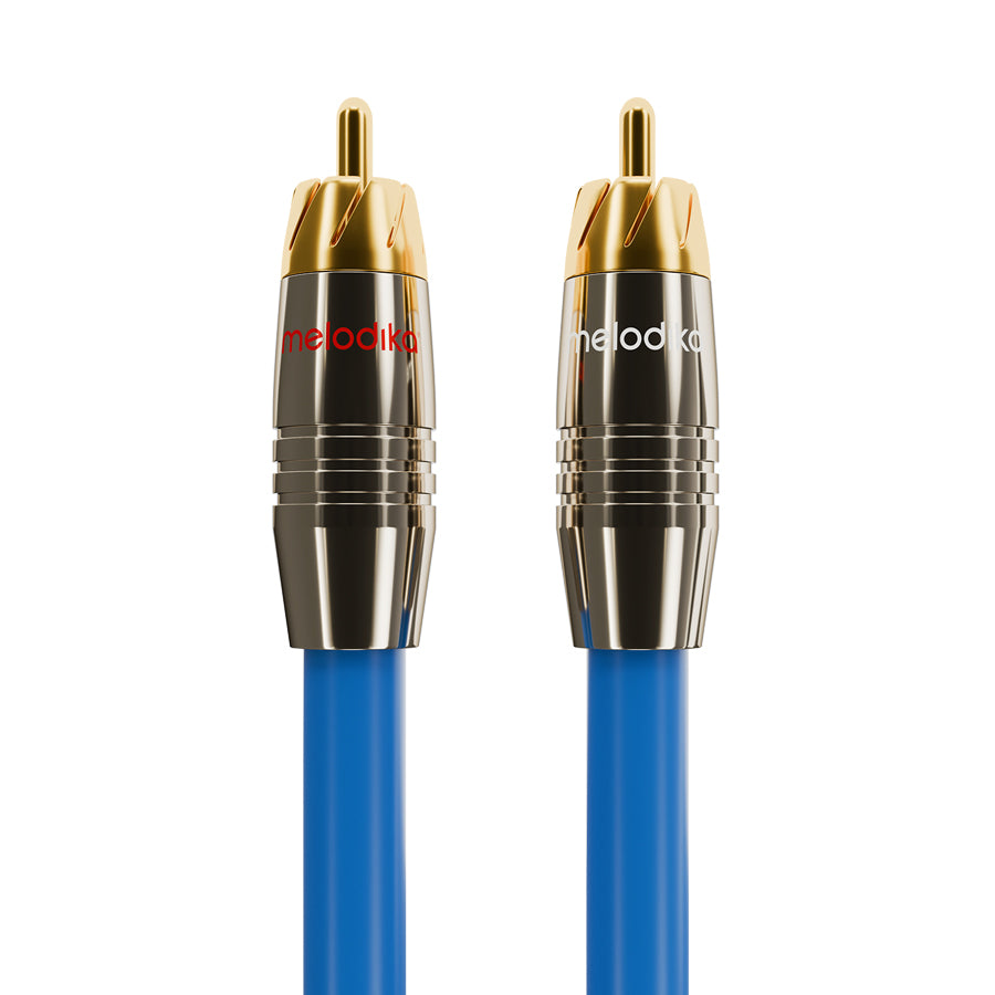 Two RCA cables with gold connectors and blue sheathing on a white background