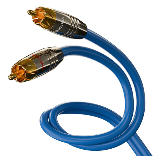 Blue audio cable with gold connectors on a white background