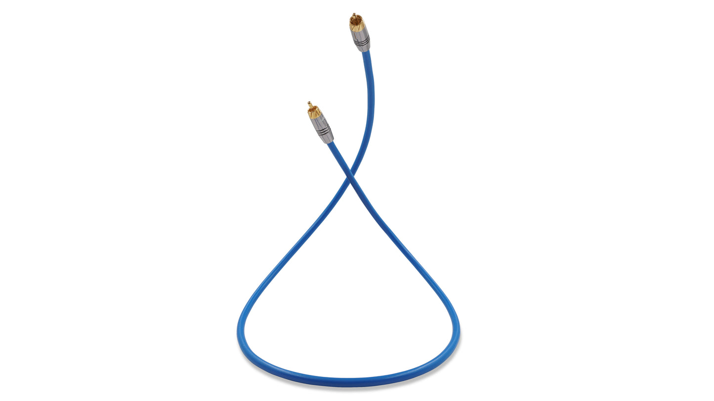 Blue audio cable with gold connectors on a white background