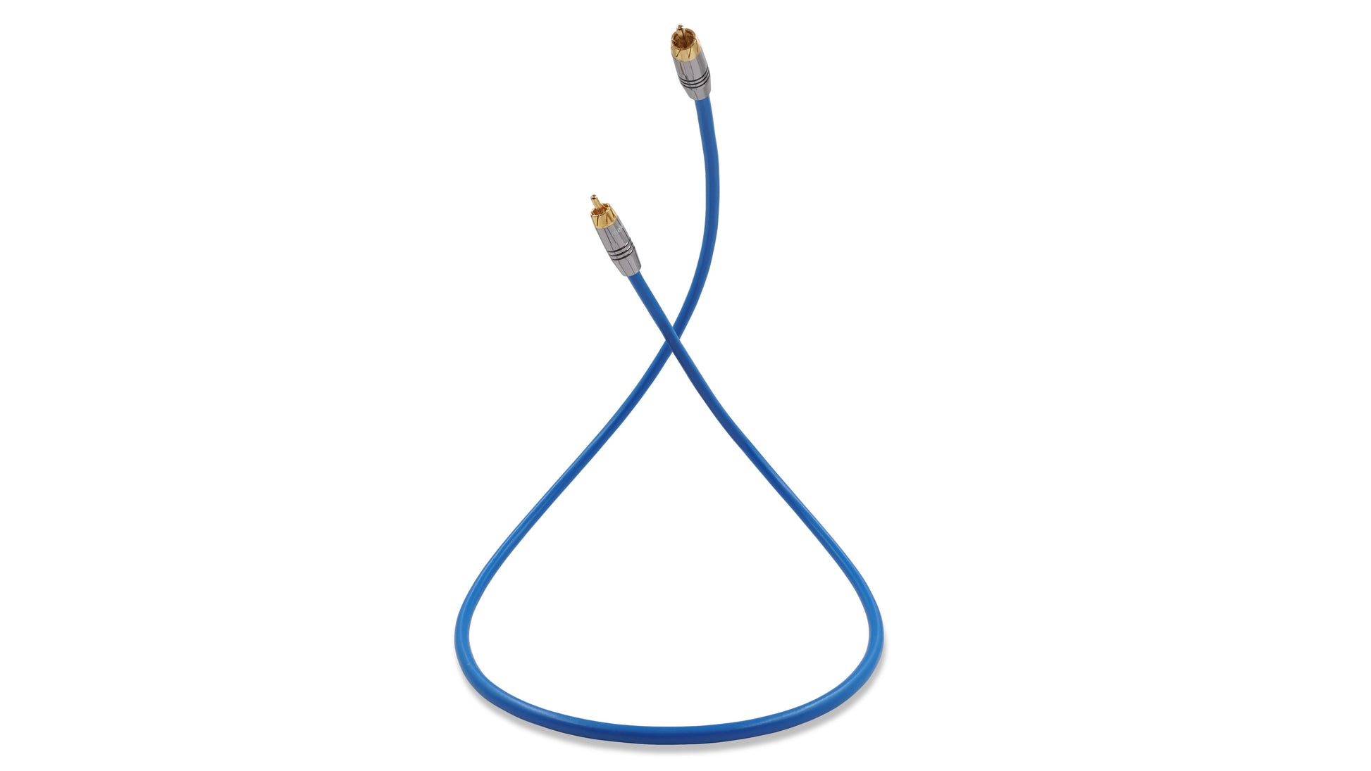 Blue audio cable with gold connectors on a white background