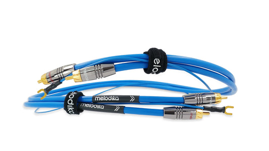 Blue phono cable cable with gold connectors on a white background