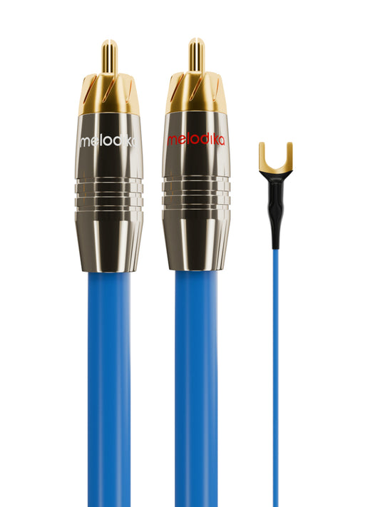 Two RCA cables with gold connectors, ground connector and blue sheathing on a white background, featuring the Melodika brand.