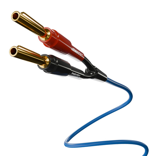 Pair of banana plugs with red and black bodies, gold connectors on a blue cable on a white background.