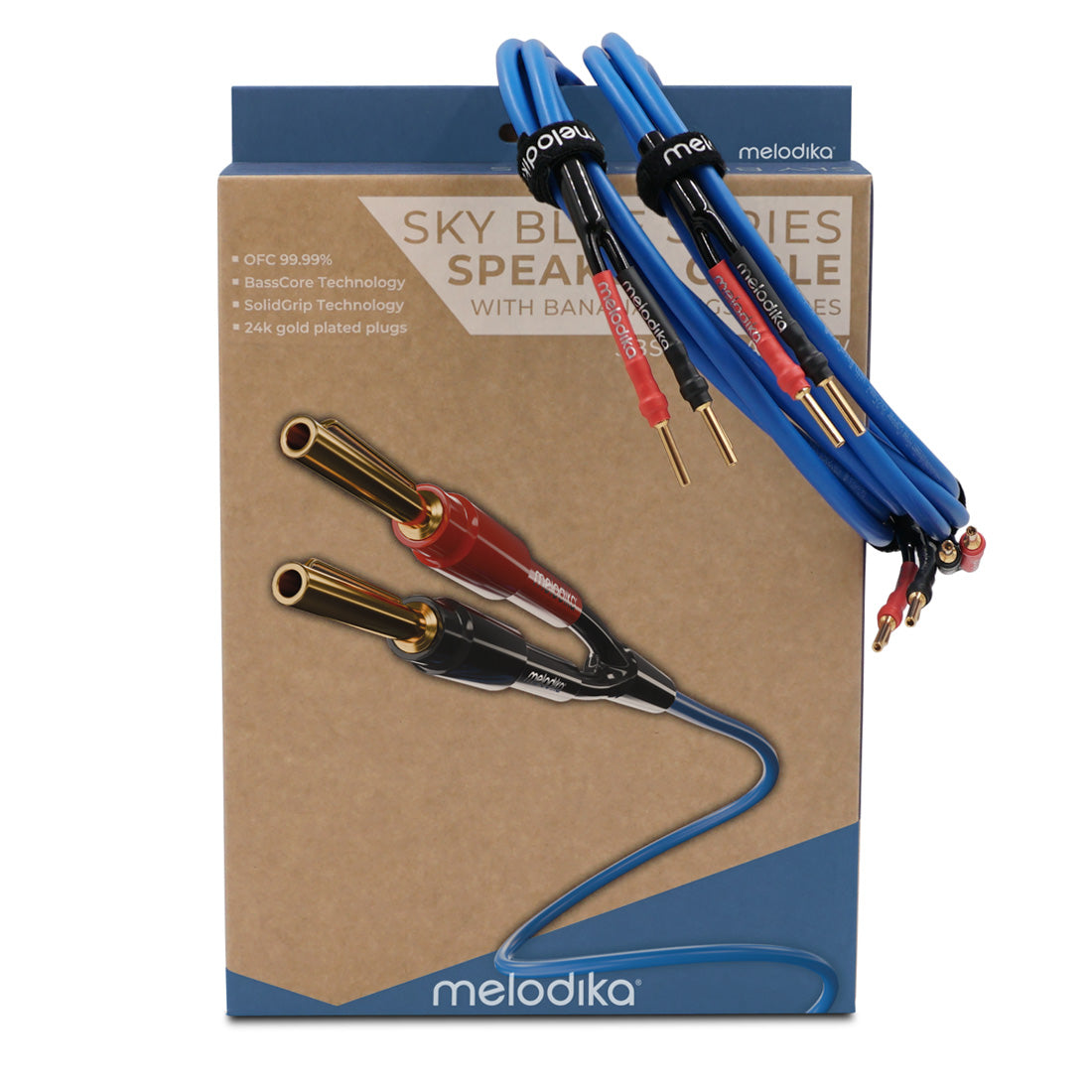 Melodika speaker cables with banana plugs on a cardboard packaging