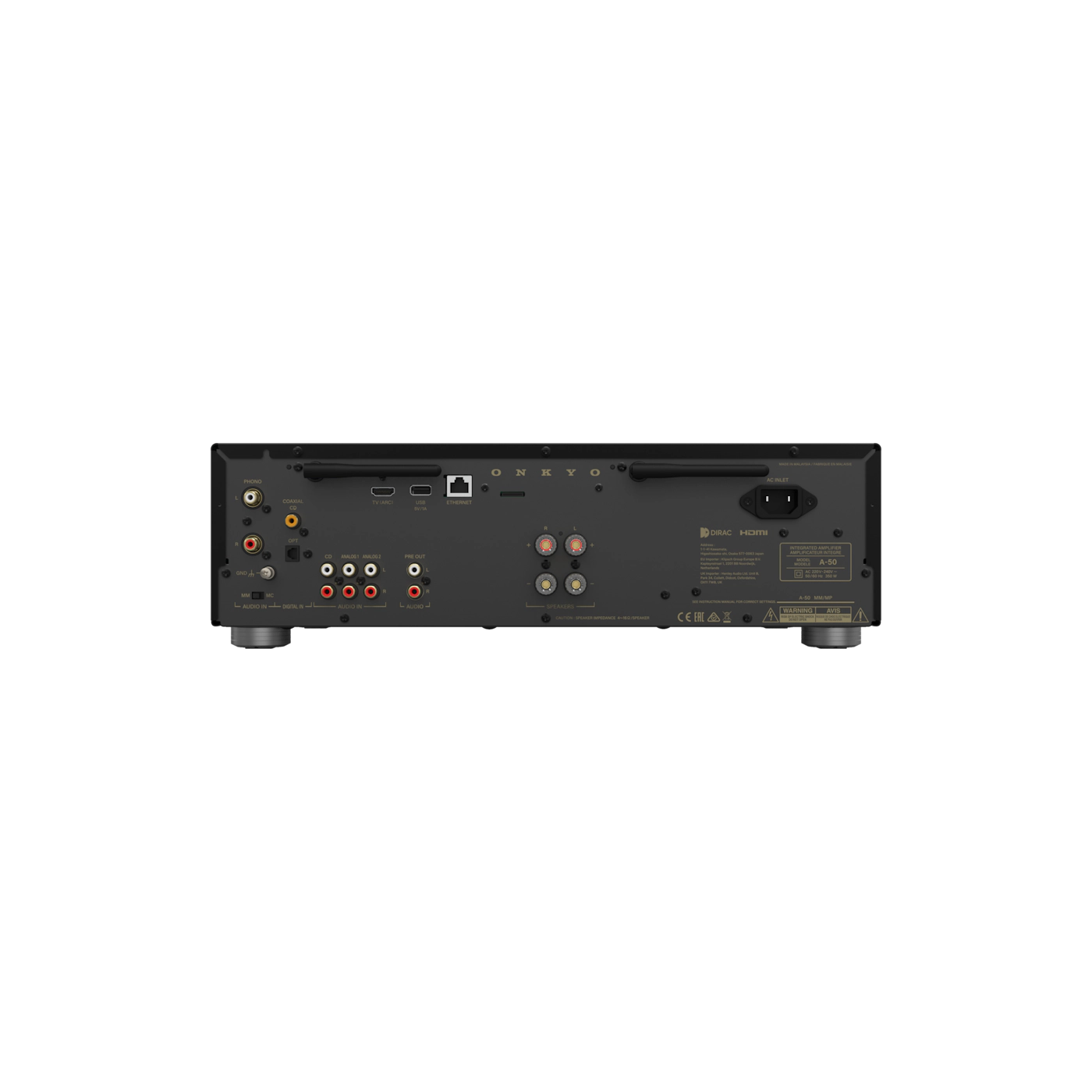 Back view of an electronic device with various ports on a white background