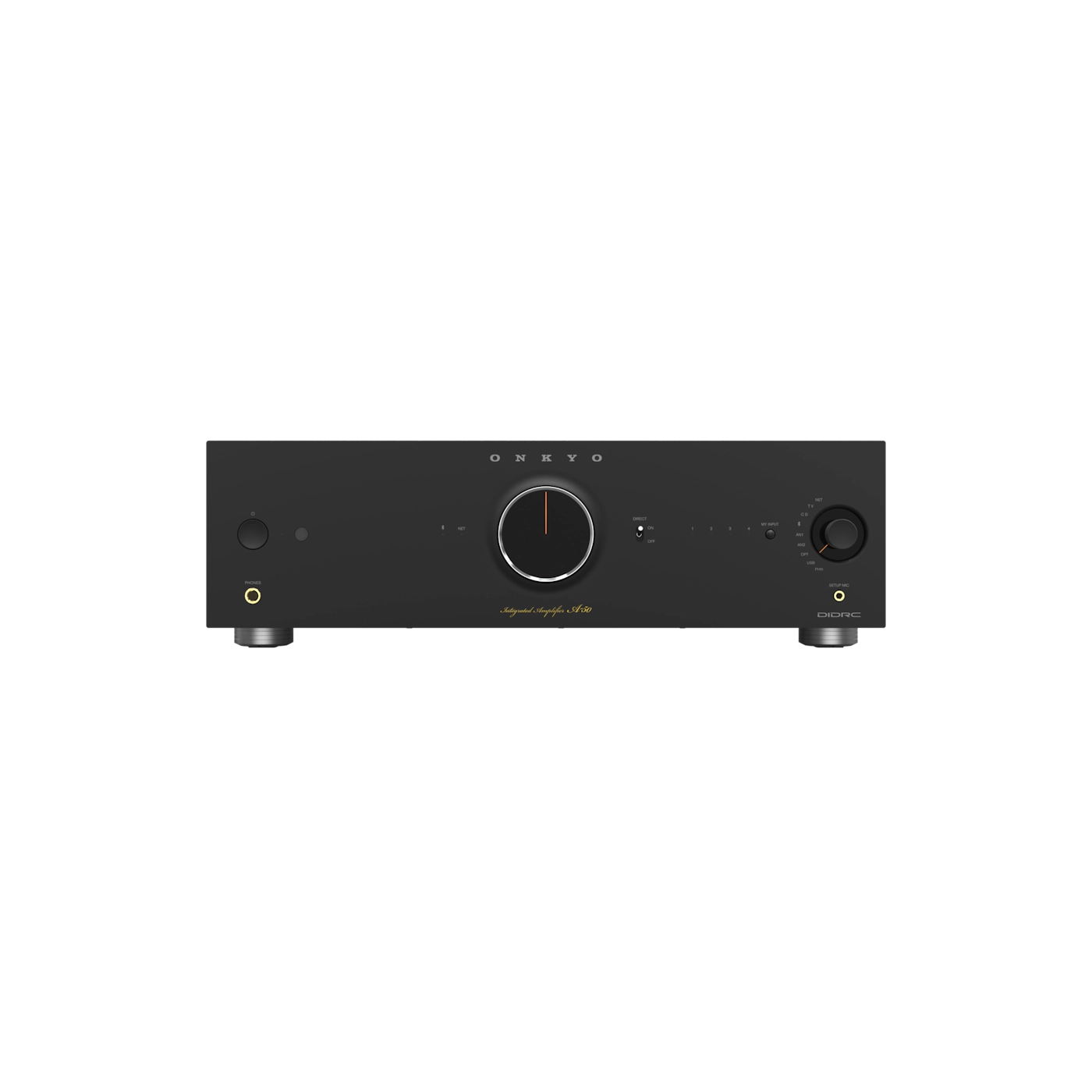 Black audio amplifier on a white background