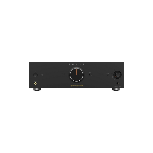 Black audio amplifier on a white background