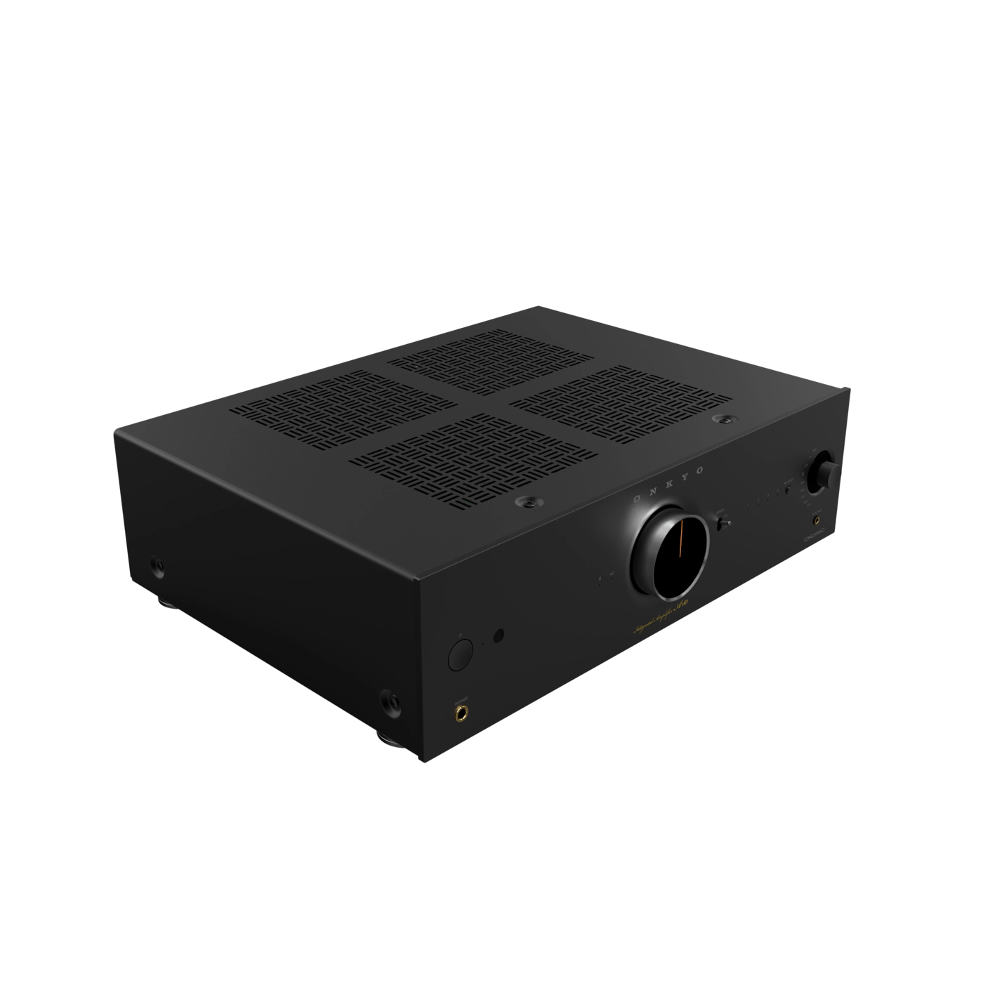 Black electronic device with cooling fins on a white background