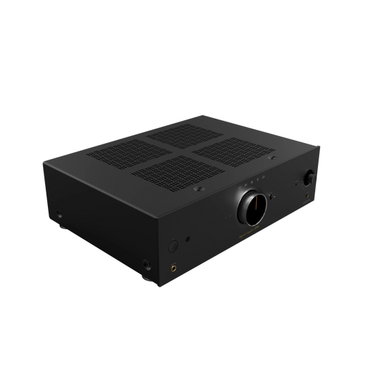 Black electronic device with cooling fins on a white background