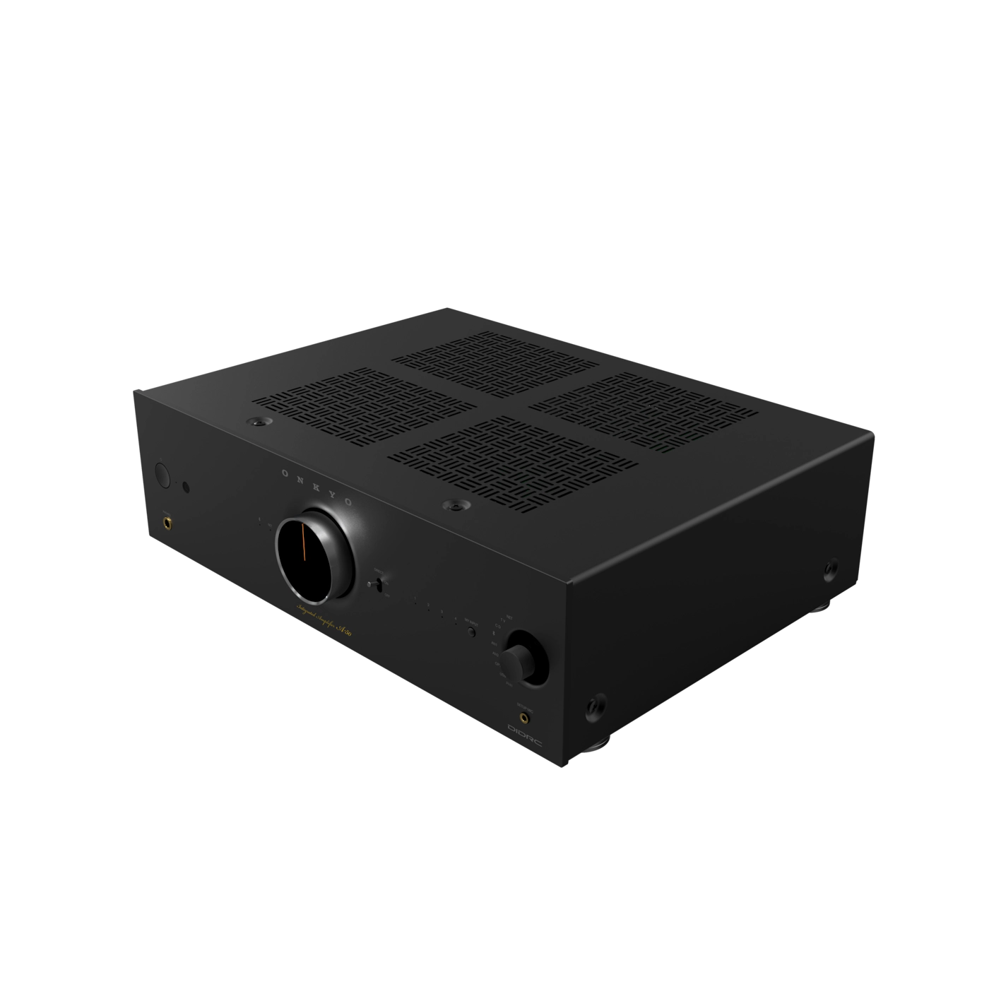 Black electronic device with cooling vents on a white background