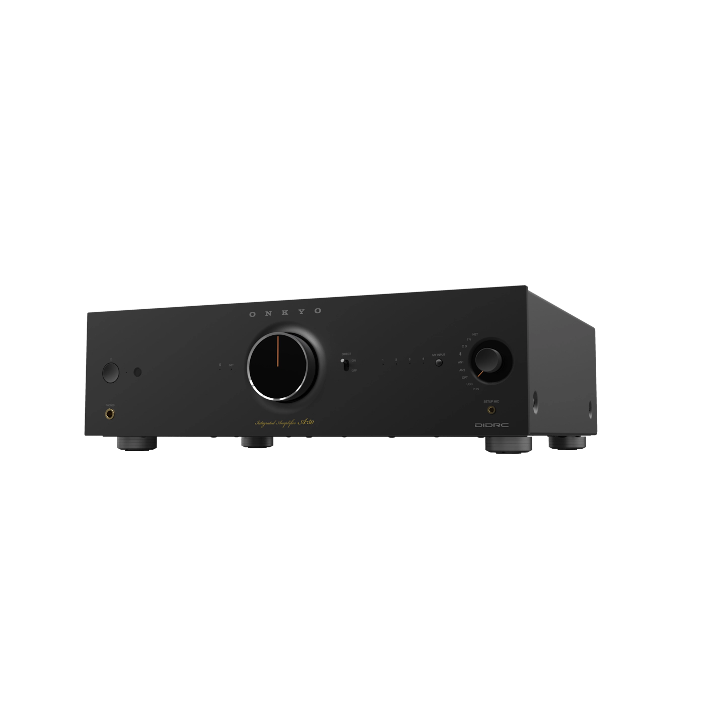 Black audio amplifier on a white background