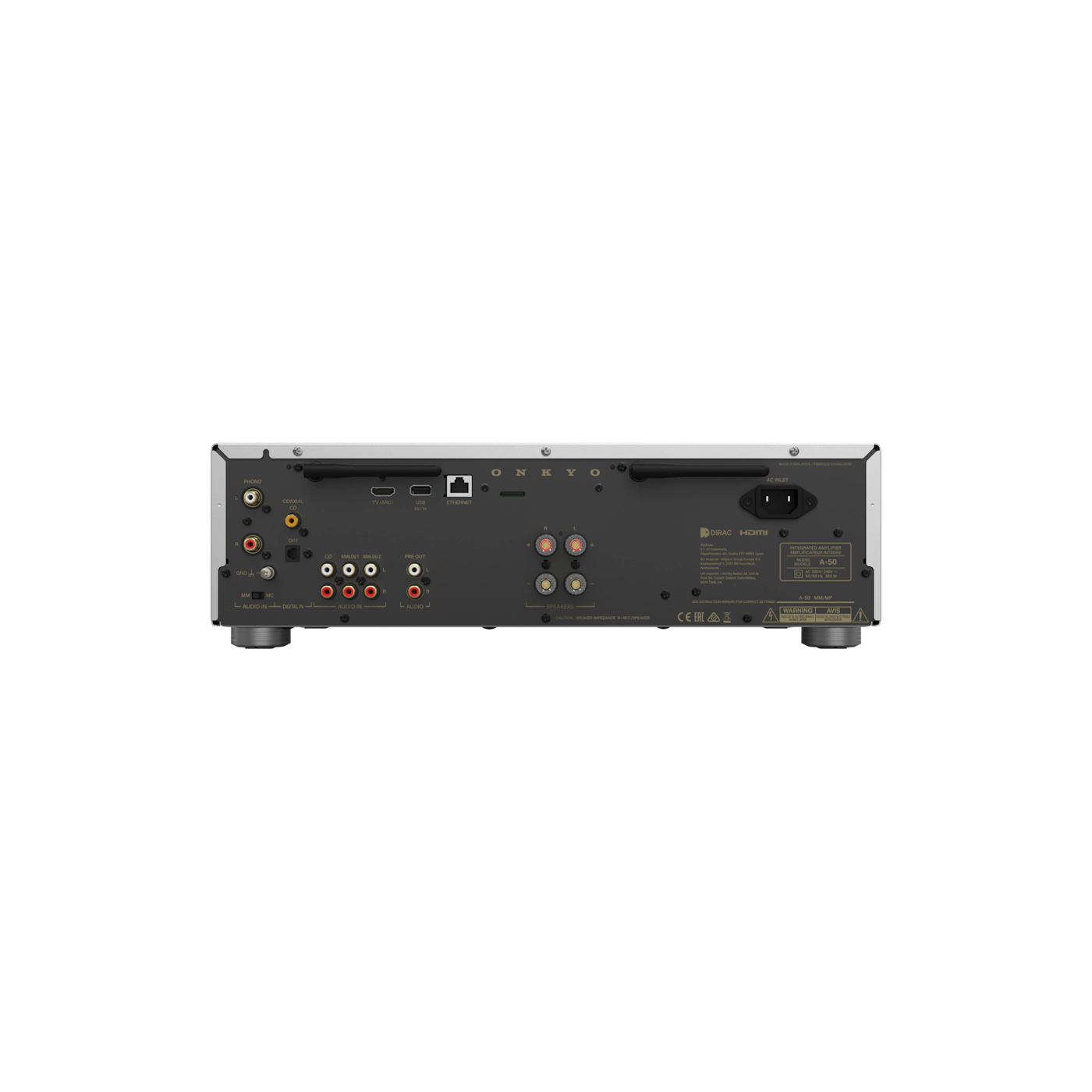 Back view of an electronic device with various ports and labels on a white background