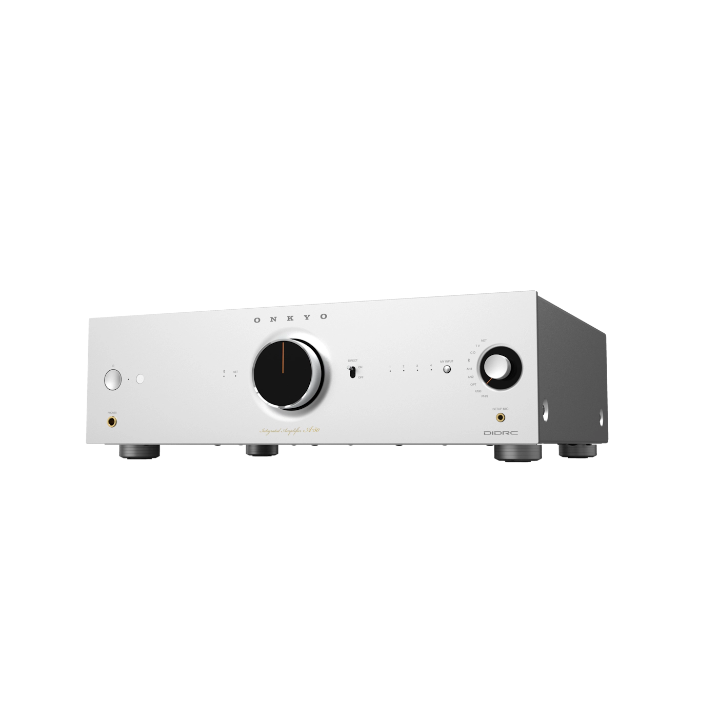White audio amplifier with brand logo on a white background