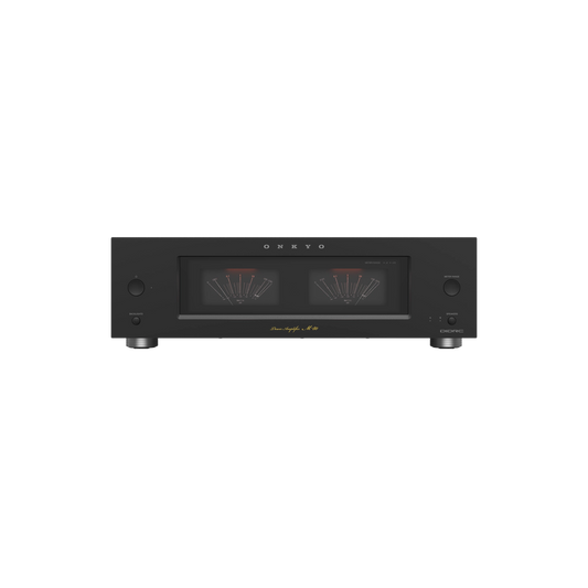 Black audio amplifier with brand logo on a white background