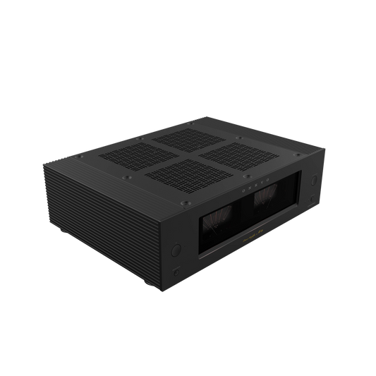 Black electronic device with cooling vents on a white background