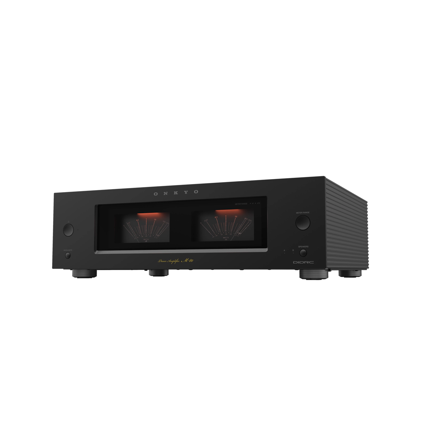 Black audio amplifier with digital display on a white background