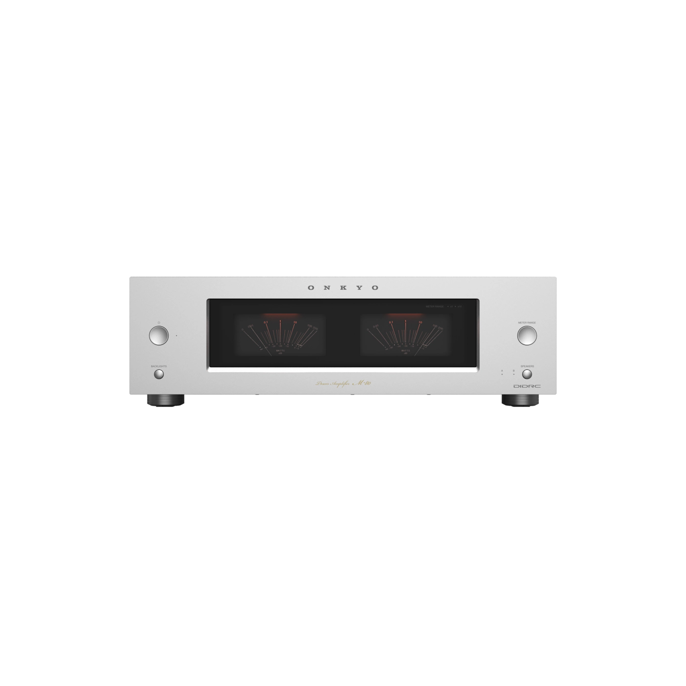 Audio amplifier with a silver finish on a white background