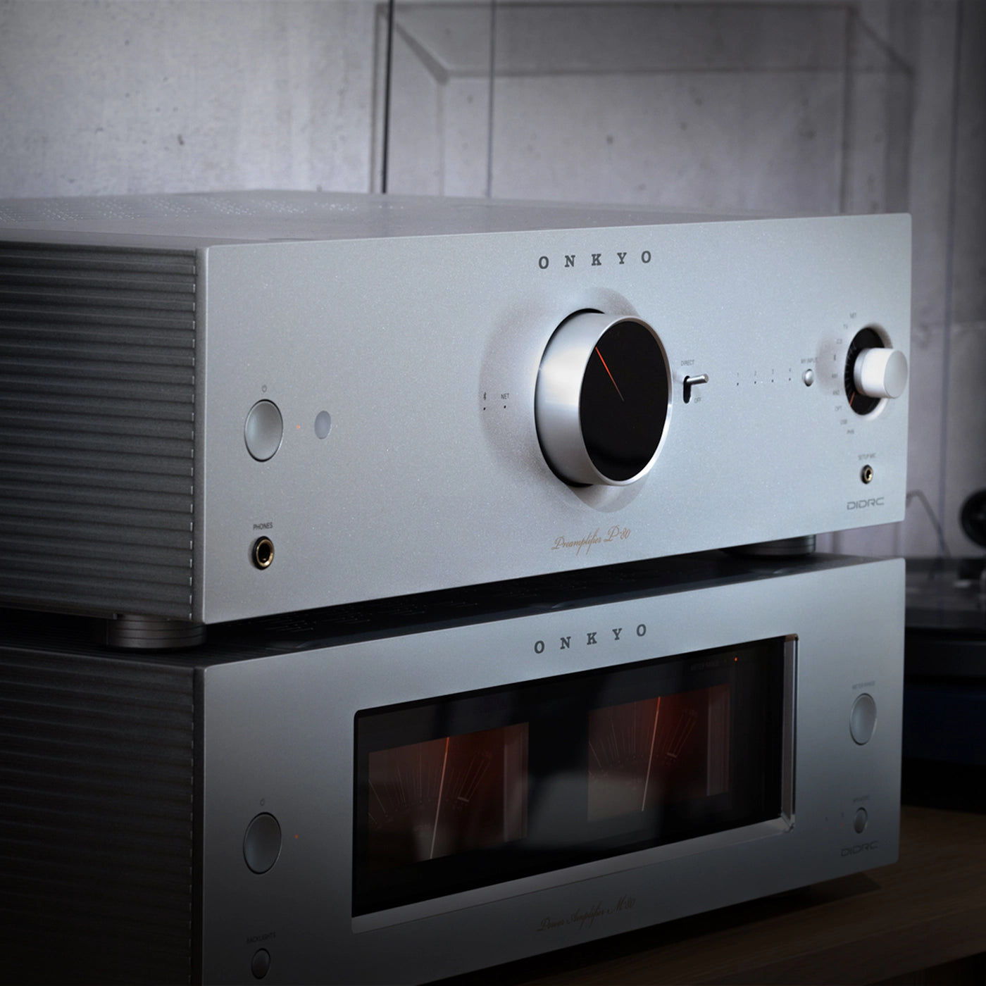 Onkyo audio amplifier with a modern design on a blurred background