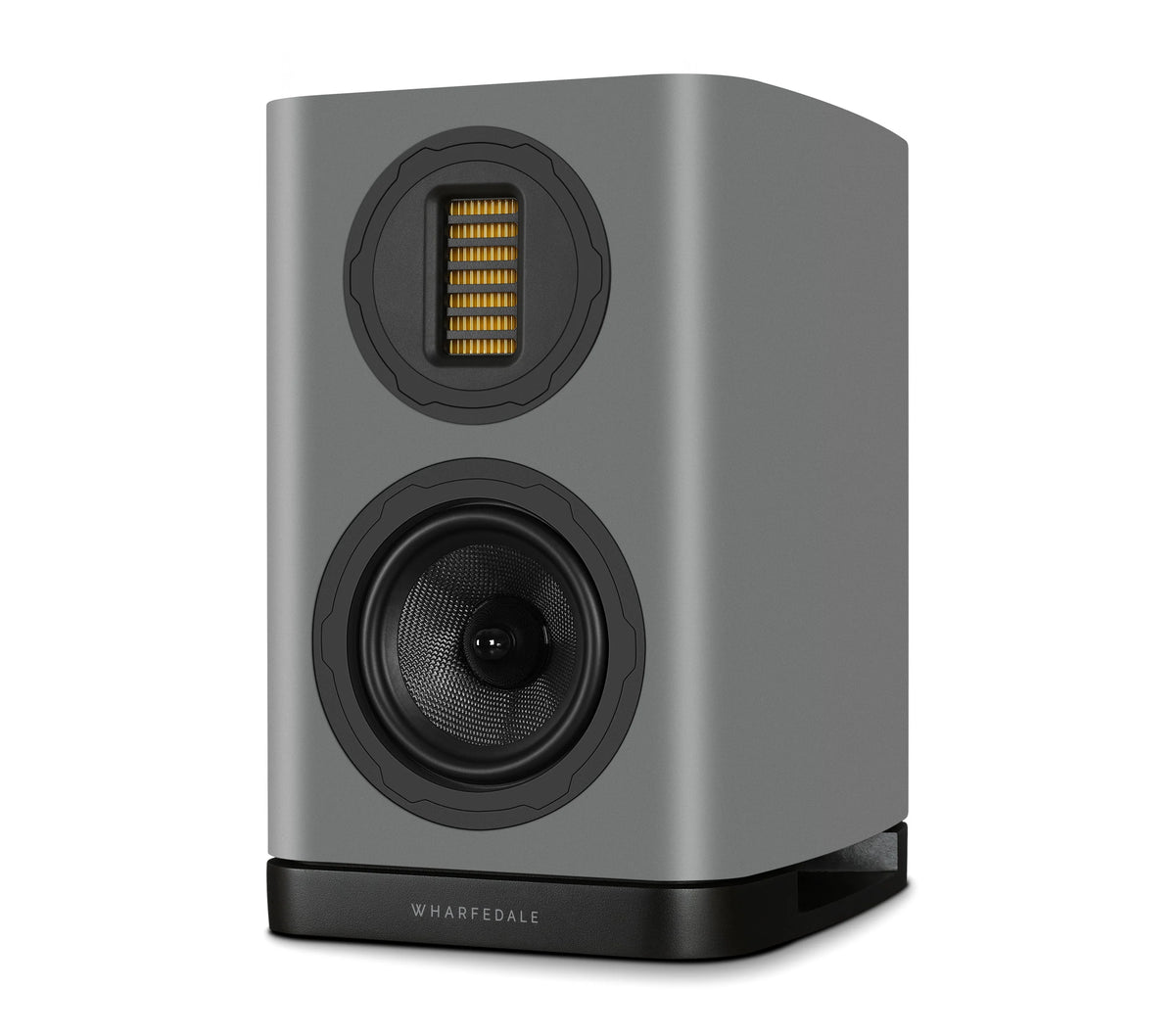 Left side view of Wharfedale EVO 5.1 Bookshelf Speaker in grey Finish over a white background.
Shows AMT driver and woofer.