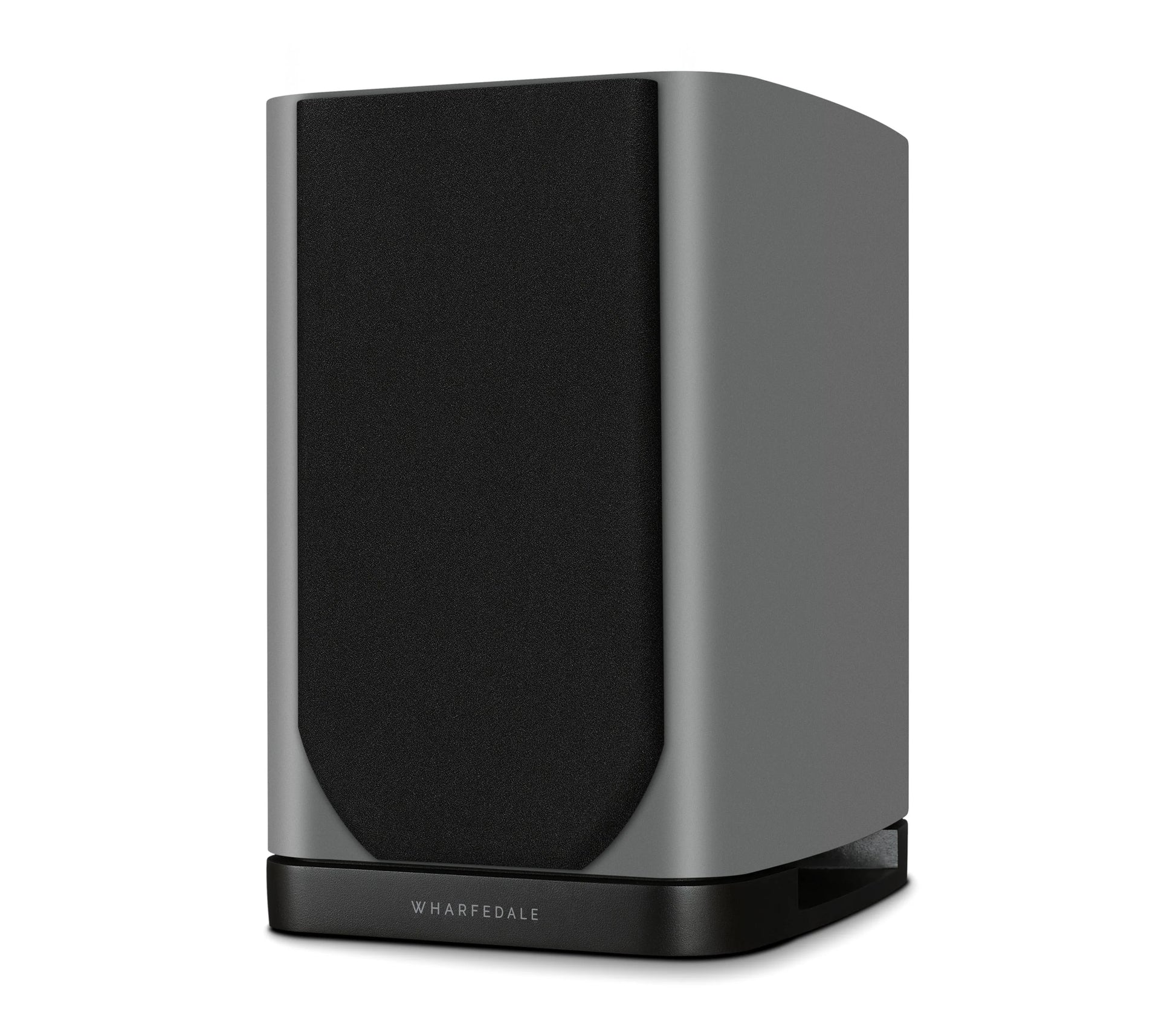 Left side view of Wharfedale EVO 5.1 Bookshelf Speaker in grey Finish with grill, over a white background.