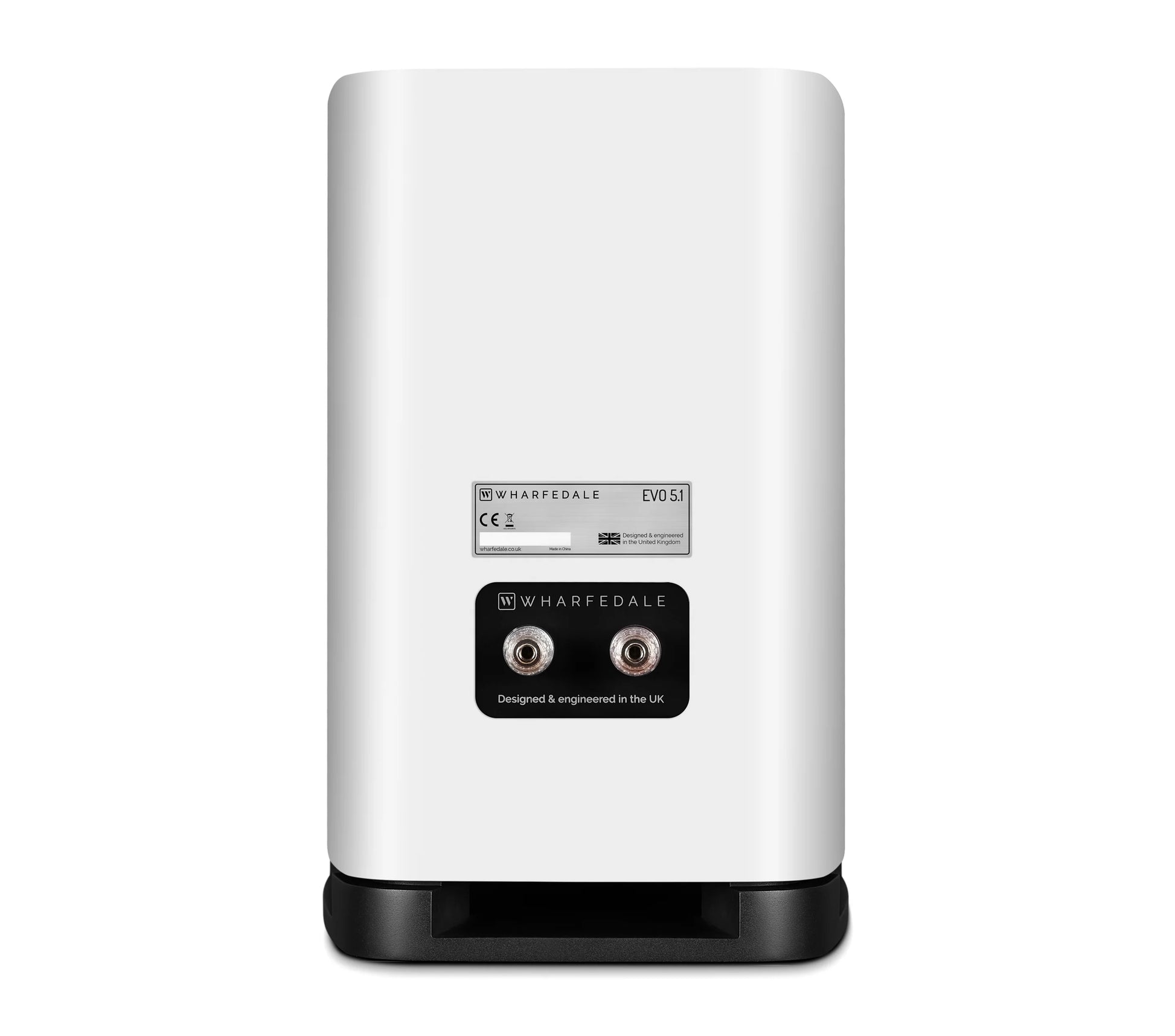 Rear view of Wharfedale EVO 5.1 Bookshelf Speaker in white Finish on white background.
Shows one pair of cable cnnectors.