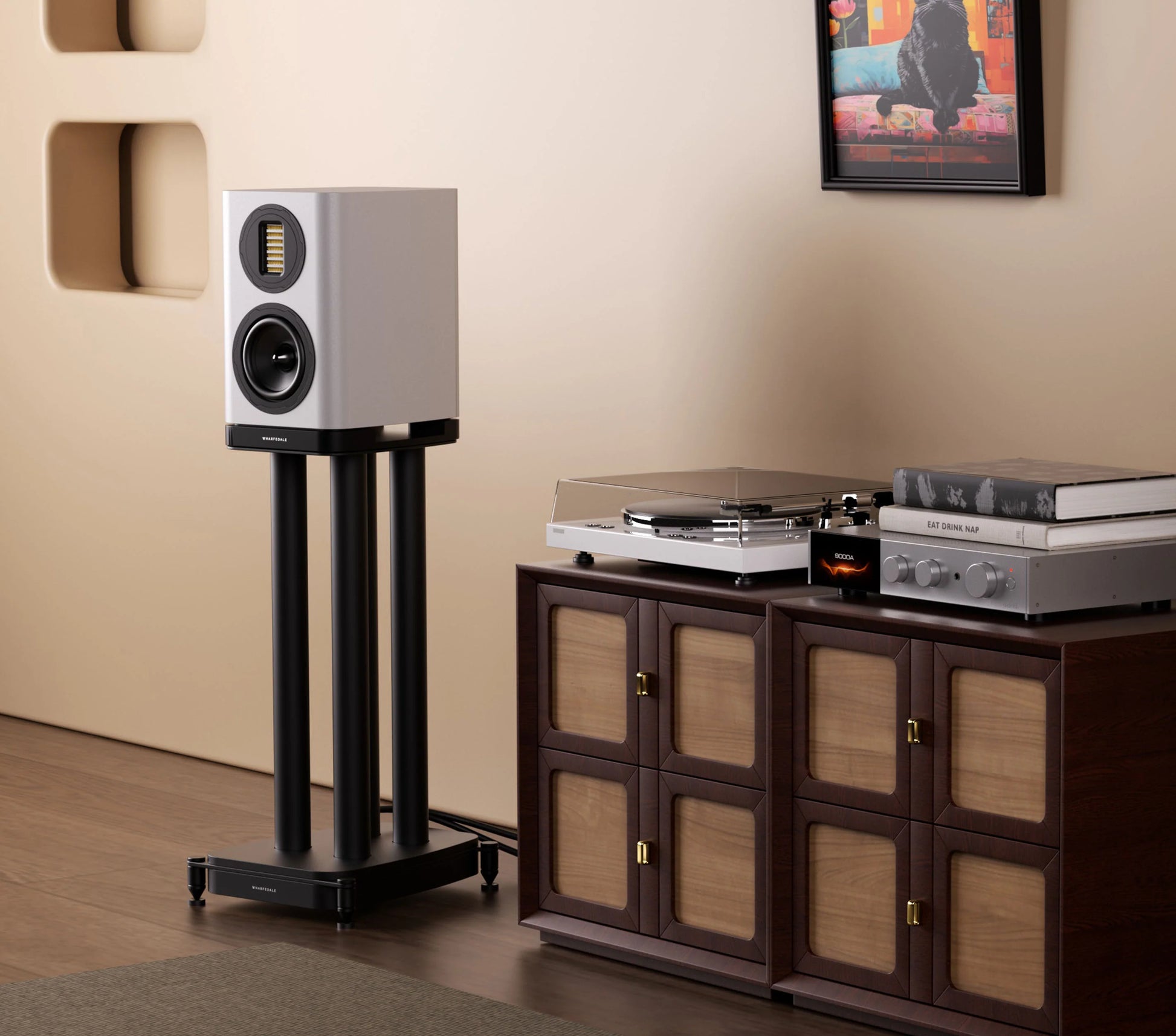 Shows EVO 5.1 speaker in situation is a living room. The speaker is on a Wharfedale stand next to a turntable and audiolab amplifier