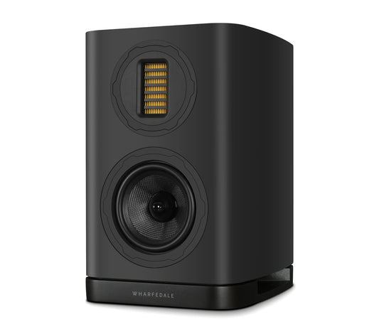 Side view of Wharfedale EVO 5.1 Bookshelf Speaker in black Finish. Shows AMT driver and woofer.